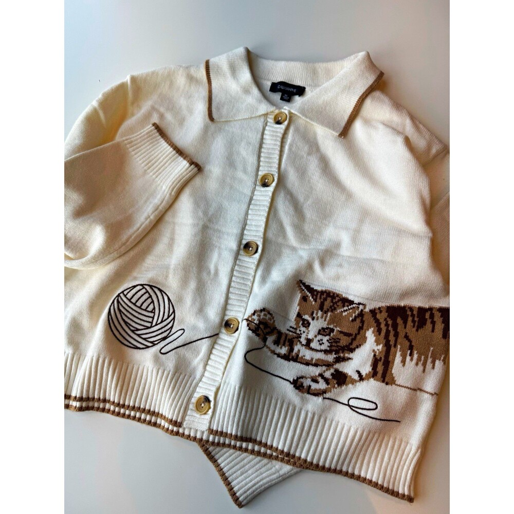 Anthropologie Calligraphie Women's Cream Collared Button Knit Cat Cardigan XL